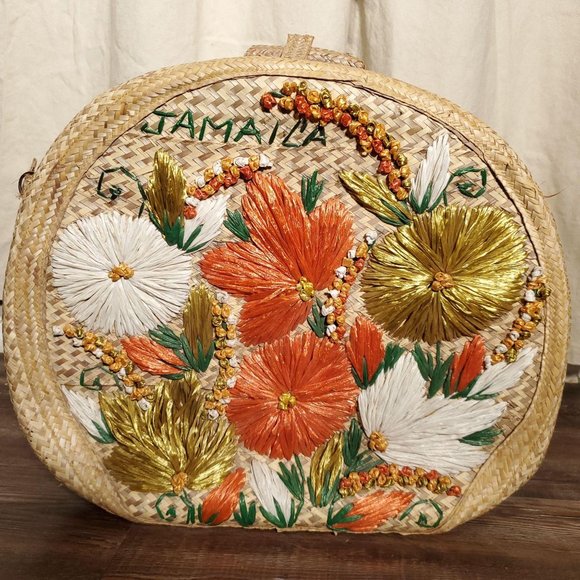 vintage straw floral embroidered basket with lid